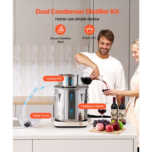 VEVOR 8 Gal / 30 L Alcohol Still, Stainless Steel Water Alcohol Distiller with Copper Coil, Home Brewing Refining Fermentation Kit with Thermometer &