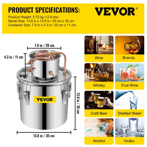 VEVOR 9.6Gal 38L Moonshine Still Stainless Steel Water Alcohol Distiller Copper Tube Home Brewing Kit Build-in Thermometer for DIY Whisky Wine