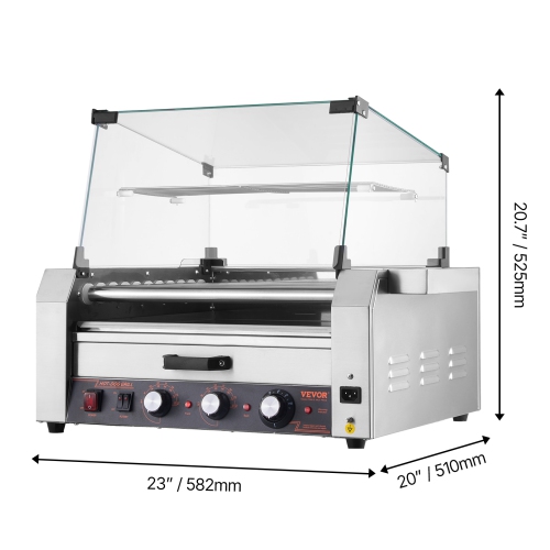 VEVOR 1950W Hot Dog Roller, 30 Hot Dog 11 Rollers, Stainless Steel, with Bun Warmer, Cover, 3 Temp Control, Side Storage Box, Oil Drip Tray, for Home
