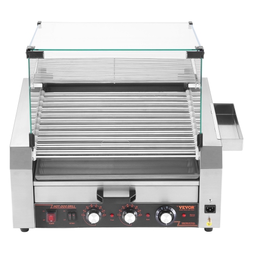 VEVOR 1950W Hot Dog Roller, 30 Hot Dog 11 Rollers, Stainless Steel, with Bun Warmer, Cover, 3 Temp Control, Side Storage Box, Oil Drip Tray, for Home