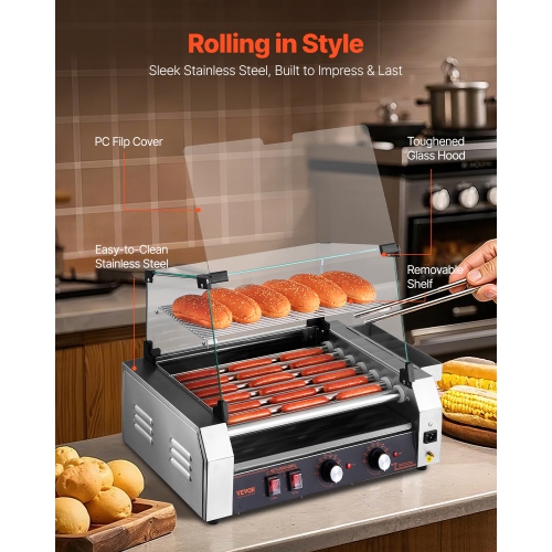 VEVOR 1050W Hot Dog Roller, 18 Hot Dog 7 Rollers, Stainless Steel Sausage Grill Cooker, with Dual Temp Control, Cover, Side Storage Box, Removable