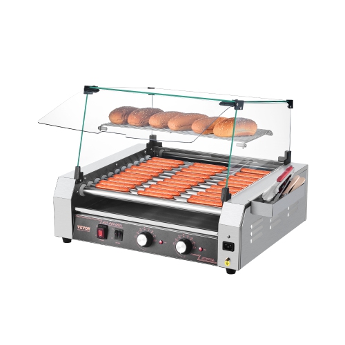 VEVOR 1600W Hot Dog Roller, 30 Hot Dog 11 Rollers, Stainless Steel Sausage Grill Cooker, with Dual Temp Control, Cover, Side Storage Box, Removable