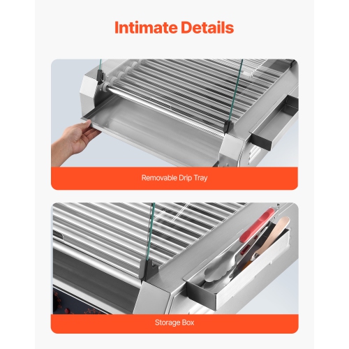 VEVOR 1600W Hot Dog Roller, 30 Hot Dog 11 Rollers, Stainless Steel Sausage Grill Cooker, with Dual Temp Control, Cover, Side Storage Box, Removable