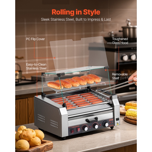 VEVOR 1200W Hot Dog Roller, 18 Hot Dog 7 Rollers, Stainless Steel Cooker, with Bun Warmer, Cover, 3 Temp Control, Side Storage Box, Oil Drip Tray,