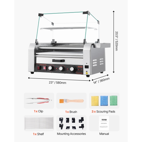 VEVOR 1200W Hot Dog Roller, 18 Hot Dog 7 Rollers, Stainless Steel Cooker, with Bun Warmer, Cover, 3 Temp Control, Side Storage Box, Oil Drip Tray,