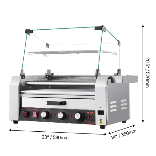 VEVOR 1200W Hot Dog Roller, 18 Hot Dog 7 Rollers, Stainless Steel Cooker, with Bun Warmer, Cover, 3 Temp Control, Side Storage Box, Oil Drip Tray,