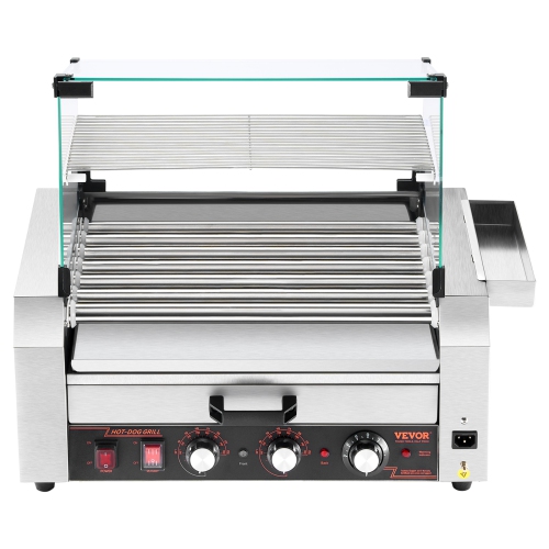 VEVOR 1200W Hot Dog Roller, 18 Hot Dog 7 Rollers, Stainless Steel Cooker, with Bun Warmer, Cover, 3 Temp Control, Side Storage Box, Oil Drip Tray,