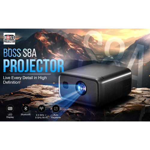 Boss Projector S8A 4K Portable, Projector w/ screen & mount, Indoor & Outdoor, WiFi & Bluetooth, Auto Focus, Google TV, 3GB RAM 128GB Storage ,