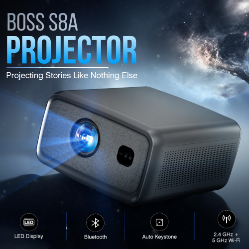 Boss Projector S8A 4K Portable, Projector w/ screen & mount, Indoor & Outdoor, WiFi & Bluetooth, Auto Focus, Google TV, 3GB RAM 128GB Storage ,