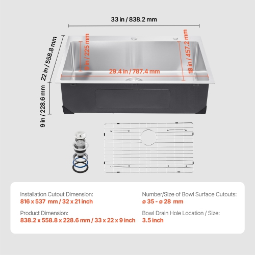 Poste de travail pour évier de cuisine VEVOR 33&nbsp;po, 304 éviers à montage supérieur en acier inoxydable, cuve simple encastrable avec