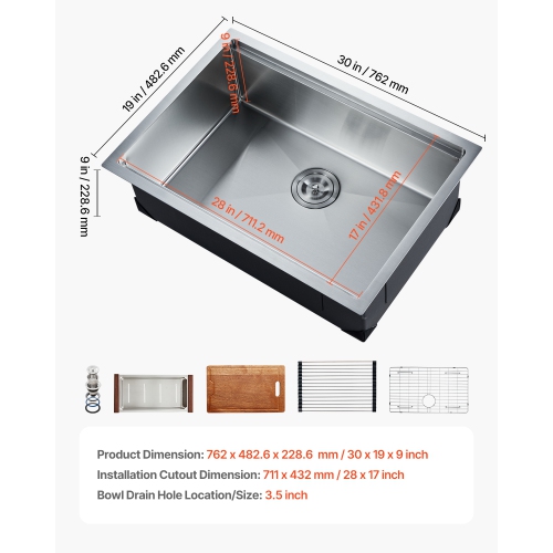 VEVOR 30 inch Kitchen Sink Workstation, 304 Stainless Steel Undermount Sink, Drop-In Single Bowl Farmhouse Basin with Ledge & Multiple Accessories,