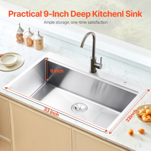 VEVOR 33 inch Kitchen Sink Workstation, 304 Stainless Steel Top Mount Sinks, Drop-In Single Bowl Farmhouse Basin with Ledge & Multiple Accessories,
