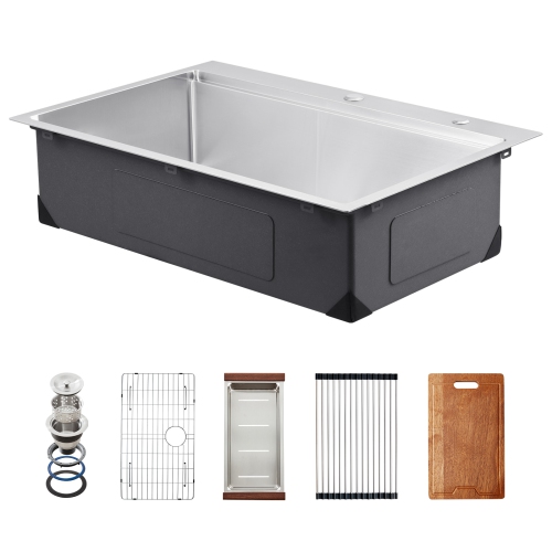 VEVOR 33 inch Kitchen Sink Workstation, 304 Stainless Steel Top Mount Sinks, Drop-In Single Bowl Farmhouse Basin with Ledge & Multiple Accessories,