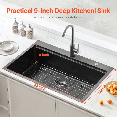VEVOR 33 inch Kitchen Sink Workstation, 304 Stainless Steel Top Mount Sinks, Drop-In Single Bowl Farmhouse Basin with Ledge & Multiple Accessories,