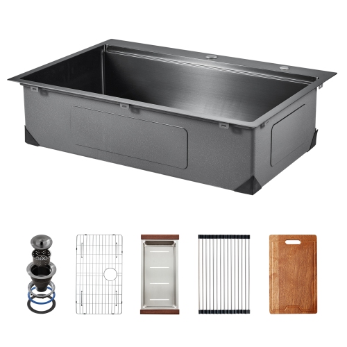 VEVOR 33 inch Kitchen Sink Workstation, 304 Stainless Steel Top Mount Sinks, Drop-In Single Bowl Farmhouse Basin with Ledge & Multiple Accessories,