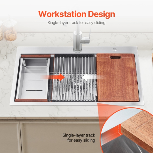 VEVOR 30 inch Kitchen Sink Workstation, 304 Stainless Steel Top Mount Sinks, Drop-In Single Bowl Farmhouse Basin with Ledge & Multiple Accessories,