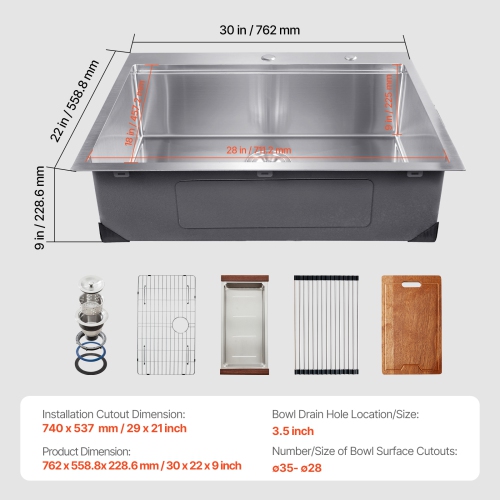 VEVOR 30 inch Kitchen Sink Workstation, 304 Stainless Steel Top Mount Sinks, Drop-In Single Bowl Farmhouse Basin with Ledge & Multiple Accessories,