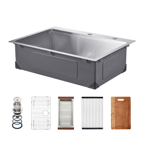 VEVOR 30 inch Kitchen Sink Workstation, 304 Stainless Steel Top Mount Sinks, Drop-In Single Bowl Farmhouse Basin with Ledge & Multiple Accessories,