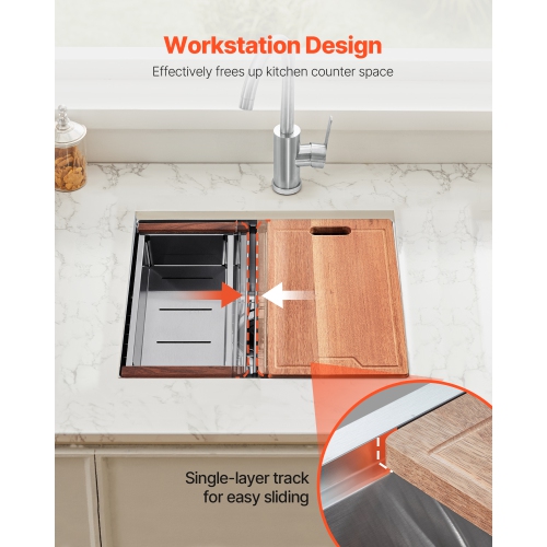 VEVOR 23 inch Kitchen Sink Workstation, 304 Stainless Steel Undermount Sink, Drop-In Single Bowl Farmhouse Basin with Ledge & Multiple Accessories,