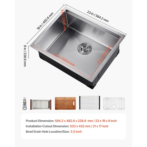 VEVOR 23 inch Kitchen Sink Workstation, 304 Stainless Steel Undermount Sink, Drop-In Single Bowl Farmhouse Basin with Ledge & Multiple Accessories,