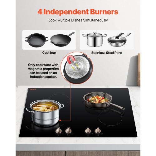 VEVOR 6600W Induction Cooktop, Electric Countertop Burner, 4 Burner Knob Control Stove, Built-in Induction Cooktop with 12 Temperature Settings,