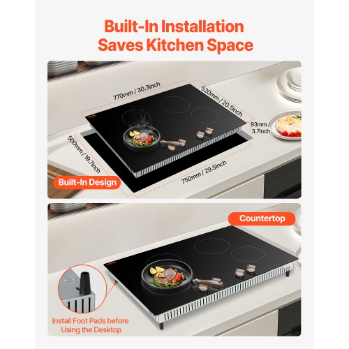 VEVOR 6600W Induction Cooktop, Electric Countertop Burner, 4 Burner Knob Control Stove, Built-in Induction Cooktop with 12 Temperature Settings,