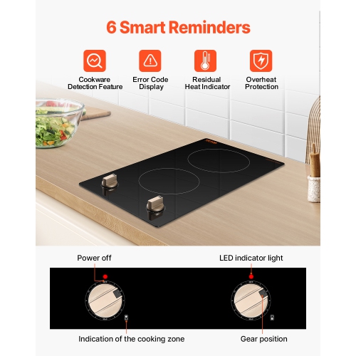 VEVOR 1800W Induction Cooktop, Electric Countertop Burner, 2 Burner Knob Control Stove, Built-in Induction Cooktop with 12 Temperature Settings,
