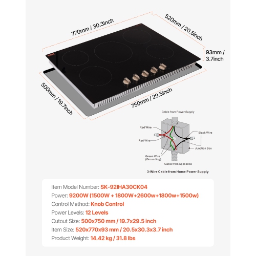 VEVOR 9200W Induction Cooktop, Electric Countertop Burner, 5 Burner Knob Control Stove, Built-in Induction Cooktop with 12 Temperature Settings,