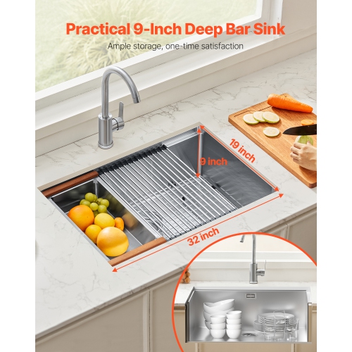 VEVOR 32 inch Kitchen Sink Workstation, 304 Stainless Steel Undermount Sink, Drop-In Single Bowl Farmhouse Basin with Ledge & Multiple Accessories,