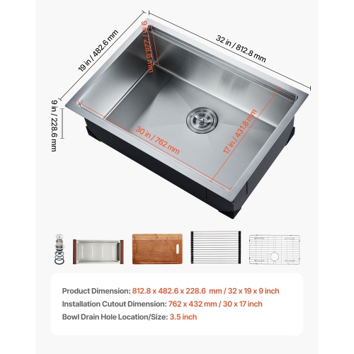 VEVOR 32 inch Kitchen Sink Workstation, 304 Stainless Steel Undermount Sink, Drop-In Single Bowl Farmhouse Basin with Ledge & Multiple Accessories,