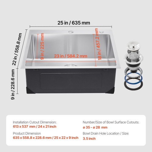 Poste de travail pour évier de cuisine VEVOR 25&nbsp;po, 304 éviers à montage supérieur en acier inoxydable, cuve simple encastrable avec