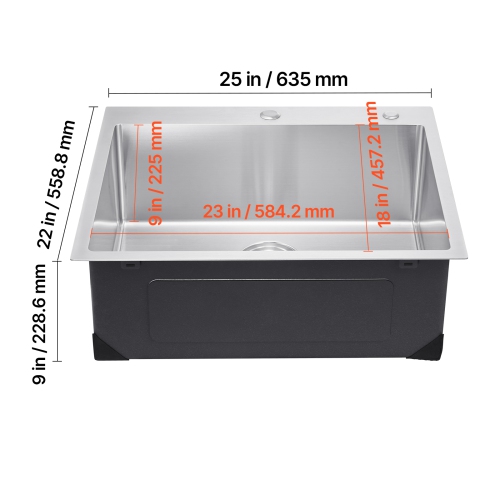 Poste de travail pour évier de cuisine VEVOR 25&nbsp;po, 304 éviers à montage supérieur en acier inoxydable, cuve simple encastrable avec