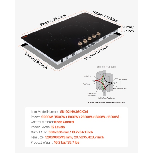 VEVOR 9200W Induction Cooktop, Electric Countertop Burner, 5 Burner Knob Control Stove, Built-in Induction Cooktop with 12 Temperature Settings,