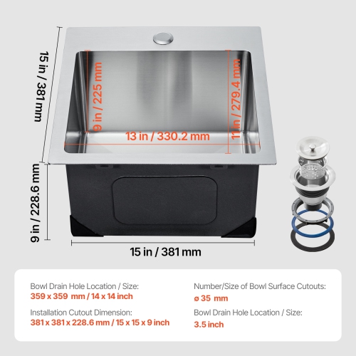Poste de travail pour évier de cuisine VEVOR 15&nbsp;po, 304 éviers à montage supérieur en acier inoxydable, cuve simple encastrable avec
