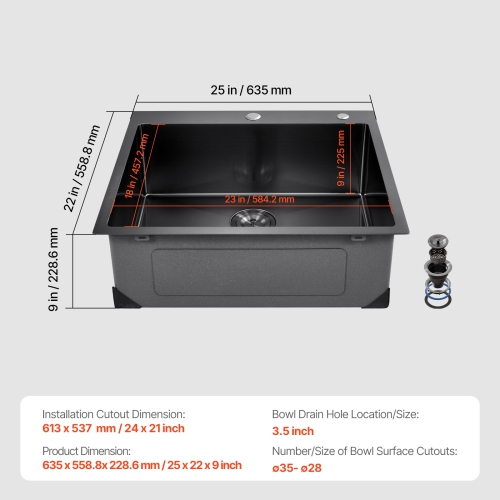 Poste de travail pour évier de cuisine VEVOR 25&nbsp;po, 304 éviers à fixation supérieure en acier inoxydable, cuve de ferme à un bol avec