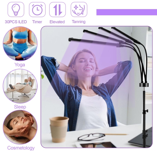 4-Head Home Tanning Lamp with 3 Modes and 5 Brightness Levels, Portable Skin Beautifying Lamp with Telescopic Stand