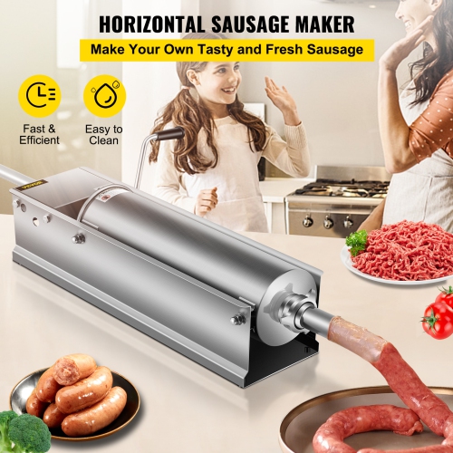 VEVOR 7 L / 15 LBS Manual Sausage Stuffer, Horizontal Sausage Machine, Dual-Speed Meat Stuffer, Made of Food-Grade 304 Stainless Steel, Includes 5