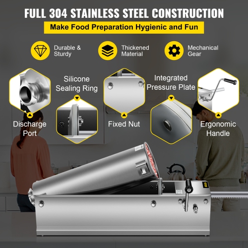 VEVOR 7 L / 15 LBS Manual Sausage Stuffer, Horizontal Sausage Machine, Dual-Speed Meat Stuffer, Made of Food-Grade 304 Stainless Steel, Includes 5