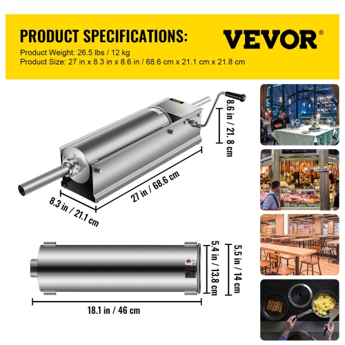 VEVOR 7 L / 15 LBS Manual Sausage Stuffer, Horizontal Sausage Machine, Dual-Speed Meat Stuffer, Made of Food-Grade 304 Stainless Steel, Includes 5