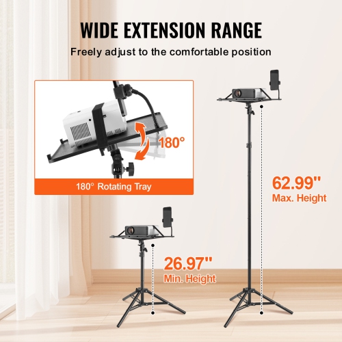 VEVOR Projector Stand, Laptop Stand Tripod Adjustable Height from 26.97 to 63 in, Portable Projector Tripod Stand with Tray & Gooseneck Phone Holder,