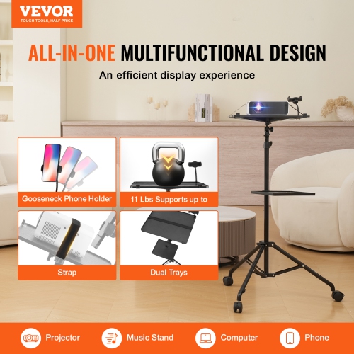 VEVOR Projector Stand with Wheels, Laptop Stand Tripod Adjustable Height from 31.3 to 67.3", Projector Tripod Stand with 2 Trays & Gooseneck Phone
