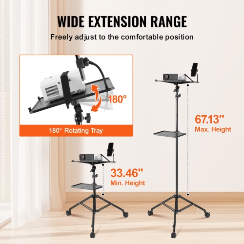 VEVOR Projector Stand with Wheels, Laptop Stand Tripod Adjustable Height from 31.3 to 67.3", Projector Tripod Stand with 2 Trays & Gooseneck Phone
