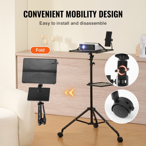 VEVOR Projector Stand with Wheels, Laptop Stand Tripod Adjustable Height from 31.3 to 67.3", Projector Tripod Stand with 2 Trays & Gooseneck Phone