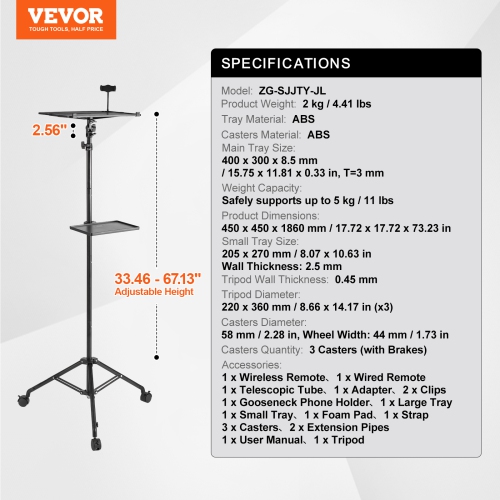 VEVOR Projector Stand with Wheels, Laptop Stand Tripod Adjustable Height from 31.3 to 67.3", Projector Tripod Stand with 2 Trays & Gooseneck Phone