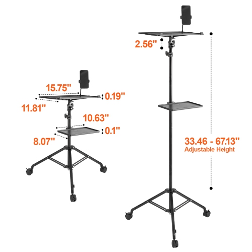 VEVOR Projector Stand with Wheels, Laptop Stand Tripod Adjustable Height from 31.3 to 67.3", Projector Tripod Stand with 2 Trays & Gooseneck Phone