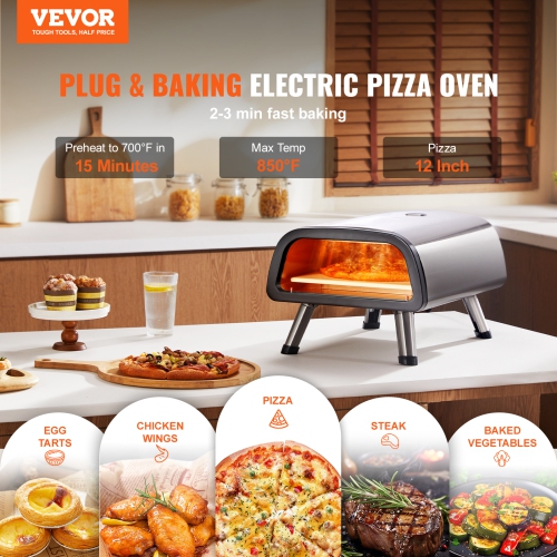 VEVOR 12" Electric Pizza Oven Countertop, Stainless Steel Pizza Maker Machine with Pizza Stone and Spatula,Heats up to 850°F, Multipurpose Indoor &