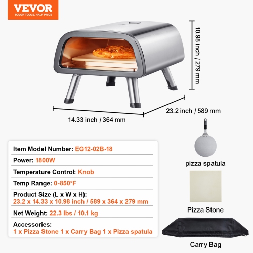 VEVOR 12" Electric Pizza Oven Countertop, Stainless Steel Pizza Maker Machine with Pizza Stone and Spatula,Heats up to 850°F, Multipurpose Indoor &