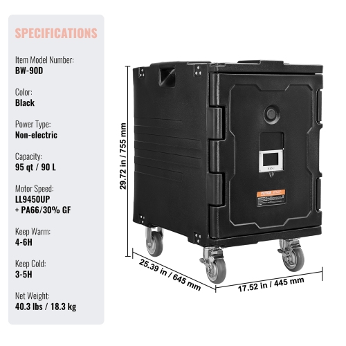 VEVOR 95 Qt Insulated Food Pan Carrier, Hot Box for Catering, Food Box Carrier with Buckle, Front Loading Food Warmer with Handles, End Loader with