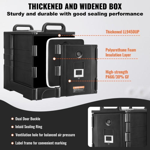 VEVOR 81 Qt Insulated Food Pan Carrier, Food Box Carrier with Double Buckles, Front Loading Food Warmer with Handles, Stackable End Loader for