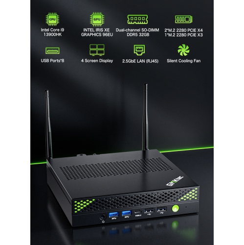 Mini-PC de GMKtec - Core i9 13900HK jusqu'à 5,4&nbsp;GHz-mini ordinateur 32&nbsp;Go RAM DDR5 1&nbsp;To SSD , 8 ports USB/COM/HDMI/DP Office K10